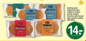 REMA 1000 Hatting brød Original burger, fuldkorn burger, potato burger, brioche style burger eller potato hotdog tilbud
