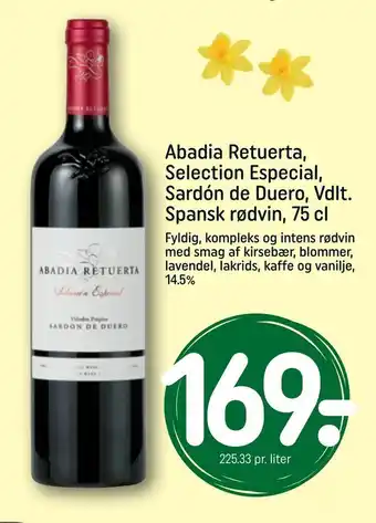 REMA 1000 Abadia Retuerta, Selection Especial, Sardón de Duero, Vdlt. Spansk rødvin, 75 cl tilbud
