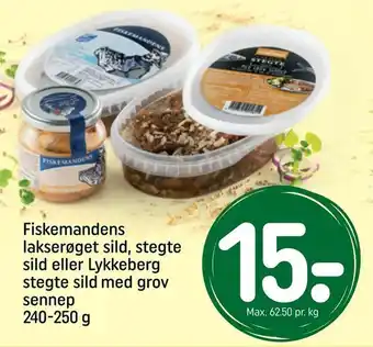 REMA 1000 Fiskemandens lakserøget sild, stegte sild eller Lykkeberg stegte sild med grov sennep tilbud