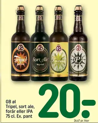 REMA 1000 GB øl Tripel, sort ale, forår eller IPA 75 cl. Ex tilbud