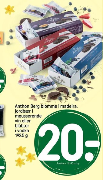 REMA 1000 Anthon Berg blomme i madeira, jordbær i mousserende vin eller blåbær i vodka tilbud