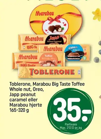 REMA 1000 Toblerone, Marabou Big Taste Toffee Whole nut, Oreo, Japp peanut caramel eller Marabou hjerte tilbud