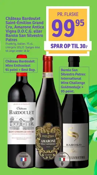 Château Bardoulet Saint-Émilion Grand Cru, Amarone Antica Vigna D.O.C.G. eller Barolo San Silvestro Patres