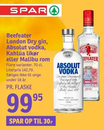 SPAR Beefeater London Dry gin, Absolut vodka, Kahlúa likør eller Malibu rom tilbud