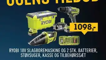 Johannes Fog Ryobi 18v slagboremaskine og 2 stk. batterier, støvsuger, kasse og tilbehørssæt tilbud