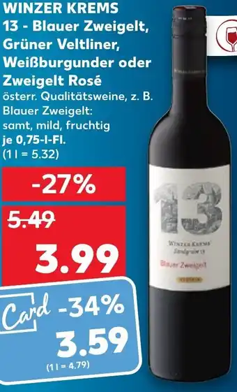 Winzer Krems 13-Blauer Zweigelt, Grüner Veltliner, Weißburgunder oder Zweigelt Rosé 0,75 liter