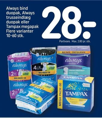 REMA 1000 Always bind duopak, Always trusseindlæg duopak eller Tampax megapak tilbud