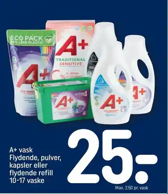 REMA 1000 A+ vask Flydende, pulver, kapsler eller flydende refill 10-17 vaske tilbud