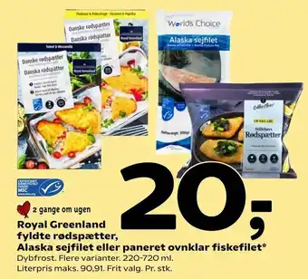 Royal Greenland fyldte rødspætter, Alaska sejfilet eller paneret ovnklar fiskefilet
