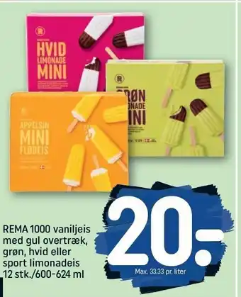 REMA 1000 Vaniljeis med gul overtræk, grøn, hvid el. sport limonadeis tilbud