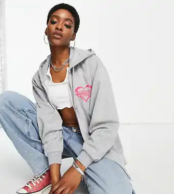 Asos Reclaimed Vintage Inspired - Grå hættetrøje med lynlås og pink hjertelogo tilbud