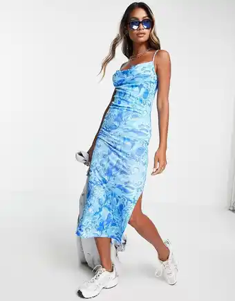 Asos Topshop - Blå 90&aposer slip-midikjole med marmorprint i mesh tilbud