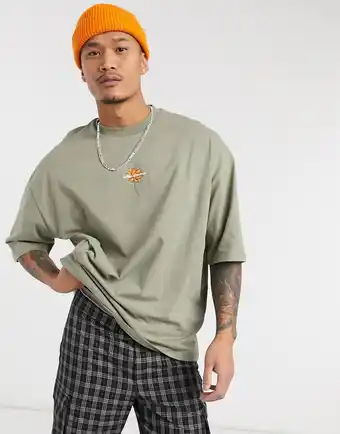 ASOS DESIGN - Oversized t-shirt i kakifarve med rosenprint-Grøn