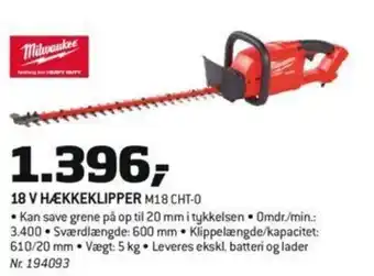 Bygma Milwaukee 18 V Hækkeklipper M18 CHT-0 tilbud