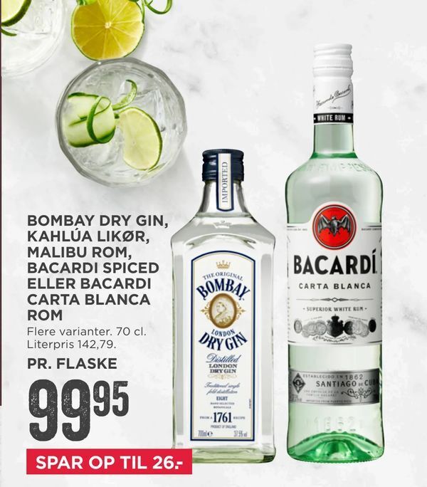 Bombay dry gin, kahlúa likør, malibu rom, bacardi spiced eller bacardi