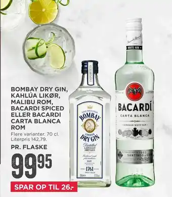 MENY Bombay dry gin, kahlúa likør, malibu rom, bacardi spiced eller bacardi carta blanca rom tilbud