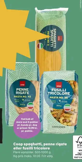 SuperBrugsen Coop spaghetti, penne rigate eller fusilli tricolore tilbud