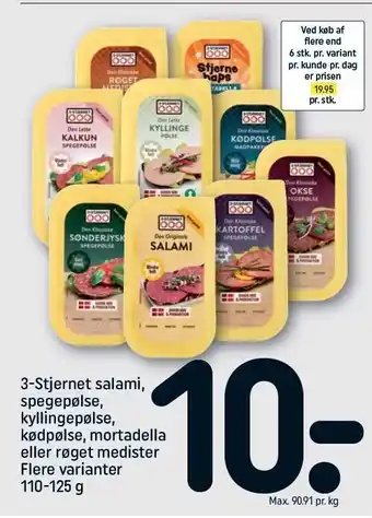 REMA 1000 3-stjernet salami, spegepølse, kødpølse, mortadella el. røget medister tilbud