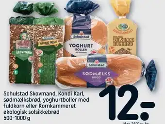 REMA 1000 Schulstad skovmand, kondi karl, sødmælksbrød, yoghurtboller m. fuldkorn el. kornkammeret økologisk solsikkebrød tilbud