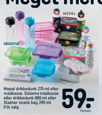 REMA 1000 Mepal drikkedunkt 275 ml el. madkasse. Sistema madkasse ml. drikkedunk 880 ml el. Stasher snack bag 290 ml tilbud