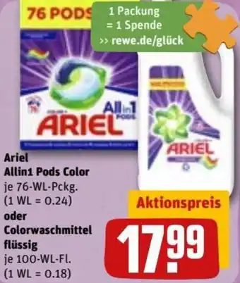 REWE DE Ariel Allin1 Pods Color 76-WL oder ColorWaschmittel Flüssig 100 WL tilbud