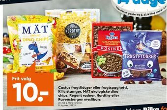 Castus frugtfiduser eller frugtspaghetti, Kilic stænger, MÄT økologiske dino chips, Regent rosiner, Nordthy eller Ravensberge