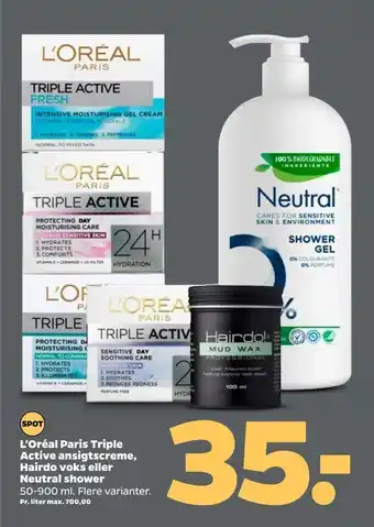 Netto L'Oréal Paris Triple Active ansigtscreme, Hairdo voks eller Neutral shower tilbud