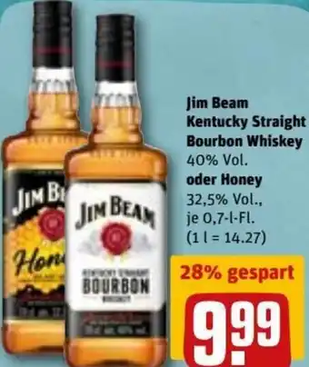 REWE DE Jim Beam Kentucky Straight Bourbon Whiskey oder Honey 0,7-l tilbud
