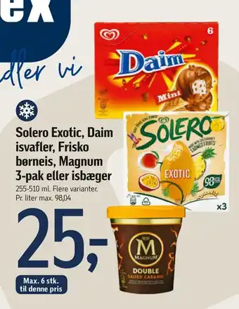 Føtex Solero Exotic, Daim isvafler, Frisko børneis, Magnum 3-pak eller isbæger tilbud