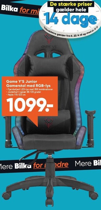 Bilka GAME Y'S Junior Gamerstol med RGB-lys tilbud