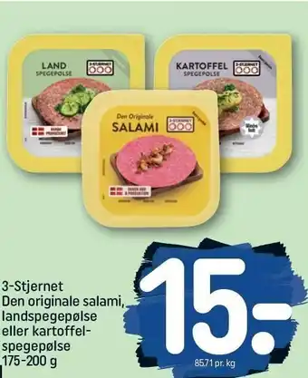 REMA 1000 3-Stjernet Den originale salami, landspegepølse el. kartoffelspegepølse tilbud