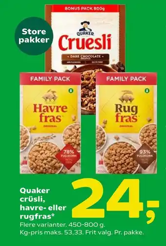 Coop 365 Quaker crüsli, havre- eller rugfras tilbud