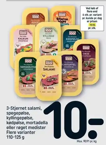REMA 1000 3-Stjernet salami, spegepølse, kyllingepølse, kødpølse, mortadella el. røget medister tilbud