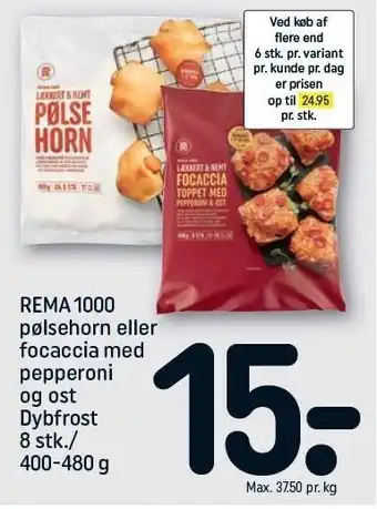 REMA 1000 Pølsehorn el. focaccia m. pepperoni tilbud
