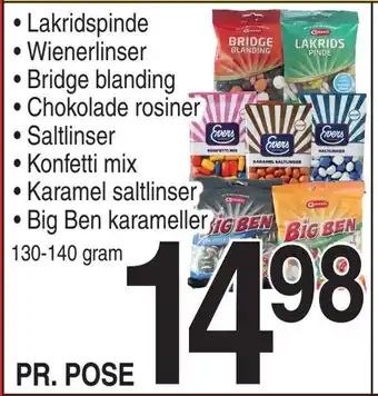 Lakridspinde • Wienerlinser • Bridge blanding • Chokolade rosiner • Saltlinser • Konfetti mix • Karamel saltlinser • Big Ben 
