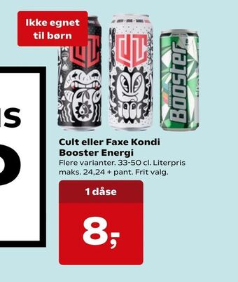 SuperBrugsen Cult eller Faxe Kondi Booster Energi tilbud