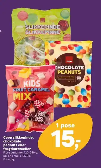 SuperBrugsen Coop slikkepinde, chokolade peanuts eller frugtkarameller tilbud