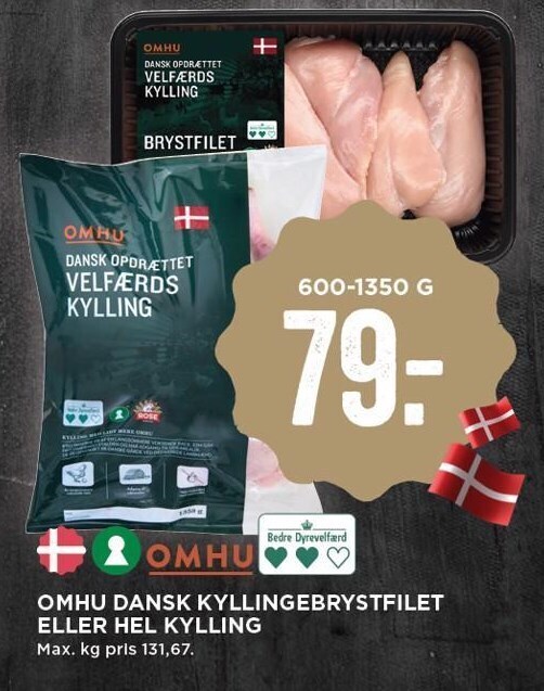 OMHU dansk kyllingebrystfilet el. hel kylling tilbud hos MENY