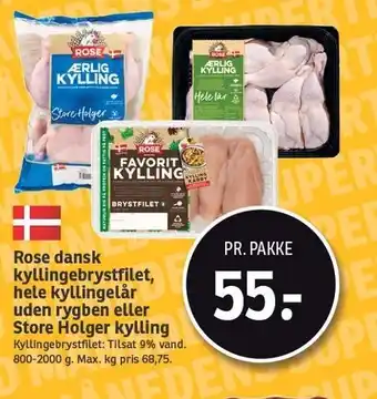 SPAR Rose dansk kyllingebrystfilet, hele kyllingelår uden rygben eller store holger kylling tilbud