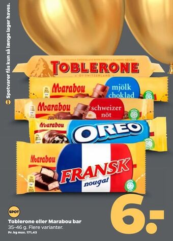 Netto Toblerone Eller Marabou Bar 35-46 g tilbud