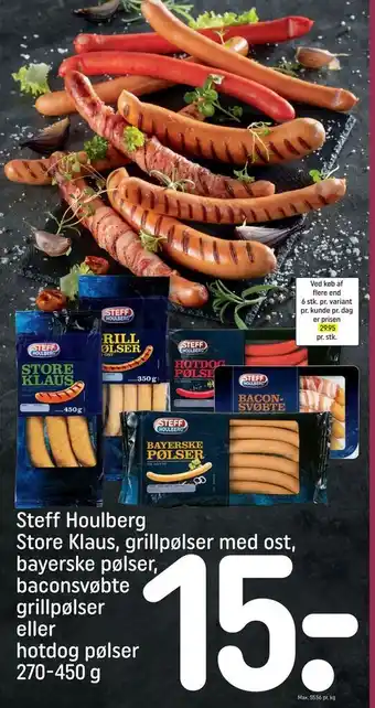 REMA 1000 Steff Houlberg Store Klaus, grillpølser med ost, bayerske pølser, baconsvøbte grillpølser eller hotdog pølser tilbud