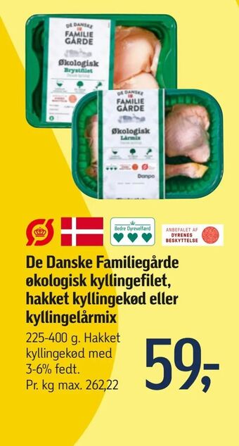 Føtex De Danske Familiegårde økologisk kyllingefilet, hakket kyllingekød eller kyllingelårmix tilbud