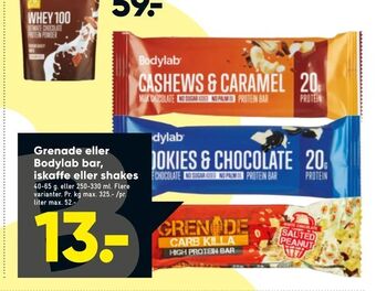 Bilka Grenade eller Bodylab bar, iskaffe eller shakes tilbud