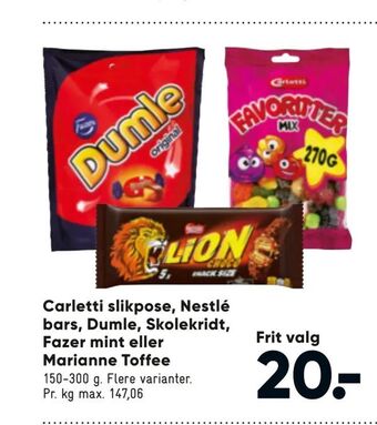 Bilka Carletti slikpose, Nestlé bars, Dumle, Skolekridt, Fazer mint eller Marianne Toffee tilbud