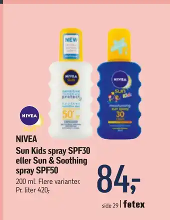 Føtex NIVEA Sun Kids spray SPF30 eller Sun & Soothing spray SPF50 tilbud