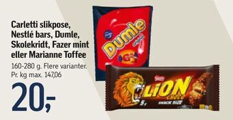Føtex Carletti slikpose, Nestlé bars, Dumle, Skolekridt, Fazer mint eller Marianne Toffee tilbud