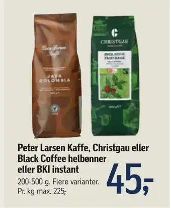 Føtex Peter Larsen Kaffe, Christgau eller Black Coffee helbønner eller BKI instant tilbud