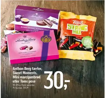 Føtex Anthon Berg tærter, Sweet Moments, Mini marcipanbrød eller Toms pose tilbud