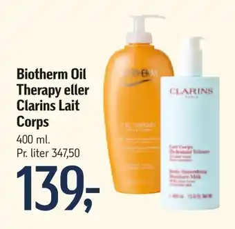 Føtex Biotherm Oil Therapy eller Clarins Lait Corps tilbud