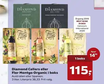 Kvickly Diamond Cellars eller Flor Montgo Organic i boks tilbud